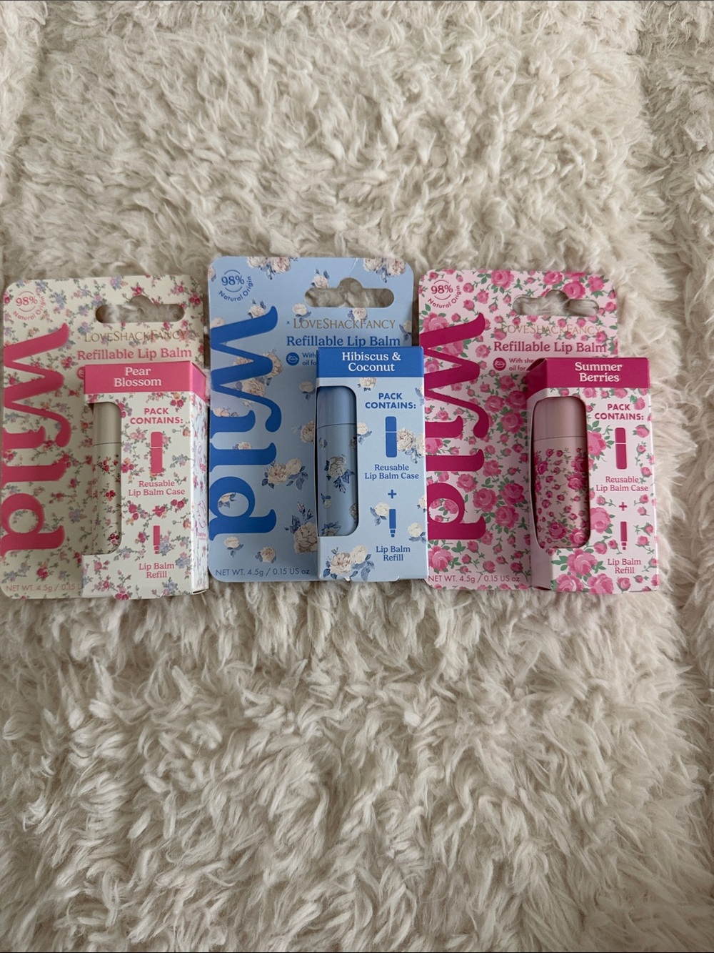 LoveShackFancy Floral Refillable Lip Balm Trio — Pink & Blue